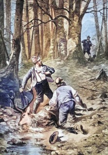 Caught poachers with a killed stag are caught by a hunter, coloured wood engraving, reproduction of