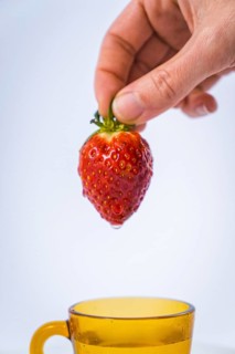 A water wet strawberry held by a woman's hand with white background