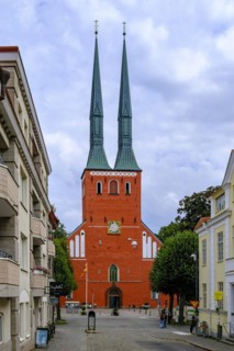 City centre scene with view of the tower facade of Växjö Cathedral, Smaland, Kronobergs län, Sweden