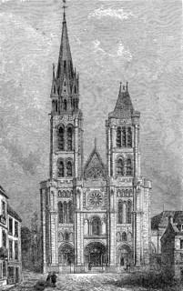The cathedral of Saint Denis, west façade in front of the demolition of the damaged north tower in