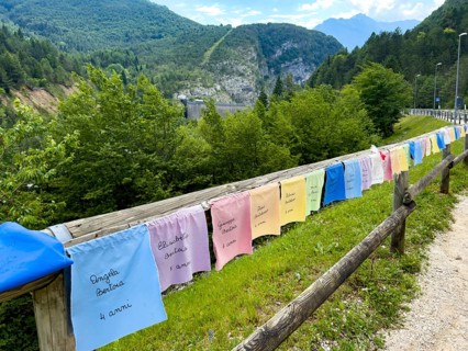 Memorial flag with name and age from 1963 in the disaster of Longarone Vajont due to landslide from