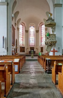 Altar room of the Protestant Margaret Church, late Gothic hall church, interior photo, Neumarkt,