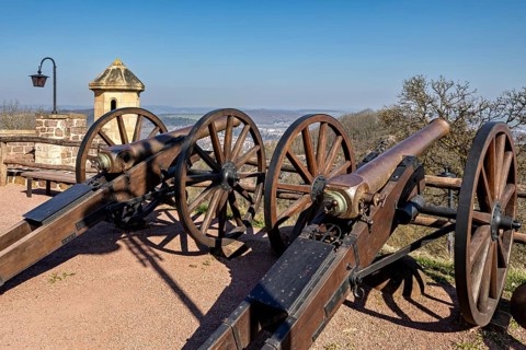 Two historic cannons on a fortress with a view of an extensive landscape under a clear sky, The