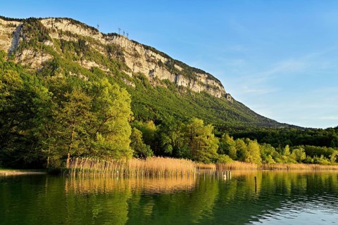 Lac d'Aiguebelette, large natural lake at the foot of the Épine Mountains, Aiguebelette-le-Lac,