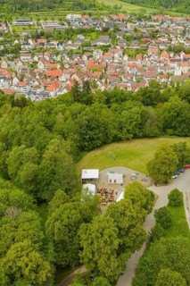 Cityscape with adjacent forest and tent event in the foreground, Father's Day, Forest Festival,