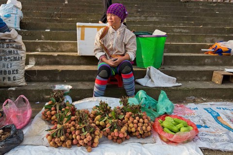Woman wearing flower Hmong clothes selling fruit and vegetables, Sunday market, Bac Ha, North