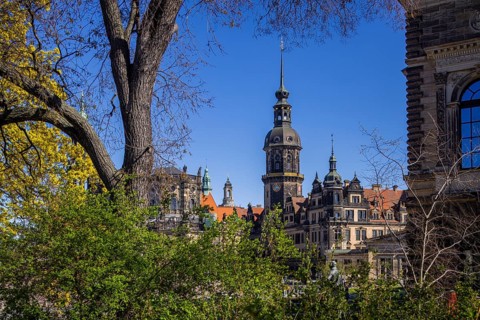View from Zwingerwall to Theaterplatz with Hofkirche, Residenzschloss and Schinkelwache, Dresden,