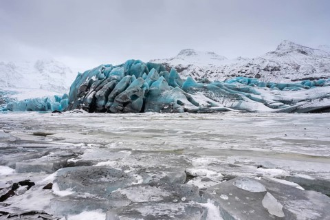 Glacier lagoon, frozen glacial lake, glacier ice, mountain, snow, winter, Svinafellsjökull,