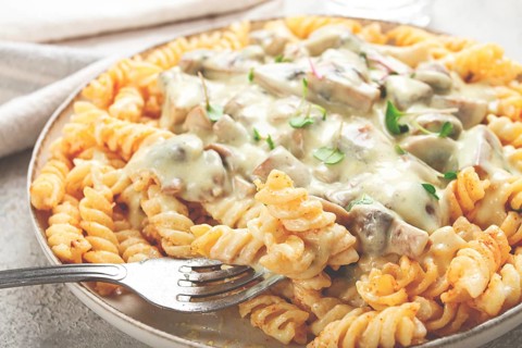 Fusilli pasta, with champignons, in creamy garlic sauce, with herbs and spices, sauce, no people