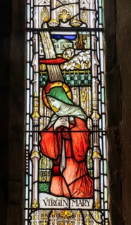 Stained glass east window depicting Virgin Mary, Debenham church, Suffolk, England, UK c 1910 by