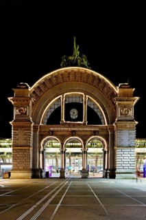 Archway on the station square, light installation at dusk, Lilu, Light Festival 2023, Lucerne,
