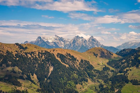 Expansive view of Alps and valleys under clear skies with lush forests, Hahnenkamm, Kitzbühel,
