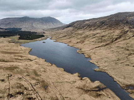 Aerial photo of the rough highland landscape on the Isle of Mull, Inner Hybrides, Scotland, UK