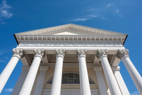 Detailed view of the Lutheran town church with magnificent façade and Corinthian columns in the
