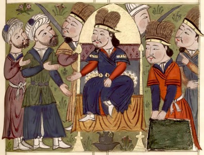 Genghis Khan with Persian merchants, digitally edited based on a fifteenth-century miniature,