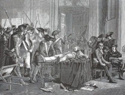 Maximilien Robespierre lying wounded on a table in the Assembly Hall after shooting himself in the