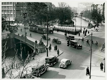 Potsdam bridge, Landwehr Canal, Berlin, Tiergarten, urban street scene with bridge, cars and trams,
