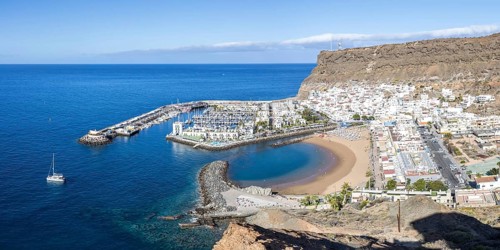 Puerto de Mogan in Gran Canaria from above Sea holidays Beach Marina panoramic trip in Puerto de
