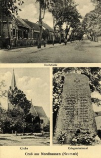 Historical views from Nordhausen (Neumark), including the village street, the church and a war