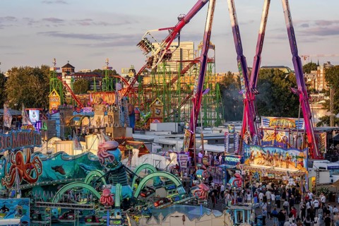 Rhine fair in the Rheinwiesen in Düsseldorf-Oberkassel, view towards the banks of the old town,