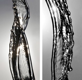 A pair of images of water moving in backlight in front of the sun frozen by short exposure