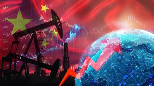 Global oil growth with Chinese flag. International oil exports with China flag on the economic