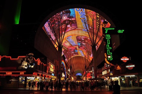 Impressive light show on the dome with many visitors including, Las Vegas, Nevada, USA