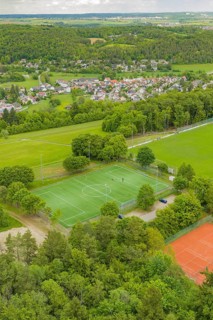 An artificial turf soccer field and several tennis courts surrounded by trees near the village,