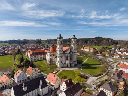 Aerial view of the Baroque Basilica of St. Alexander and Theodor, Ottobeuren Abbey, Ottobeuren,