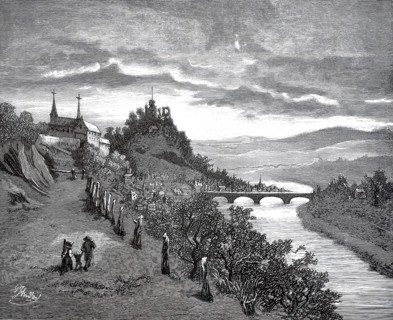 View of Saarburg an der Saar from 1877. The silhouette of the historic Saarburg Castle rises on the