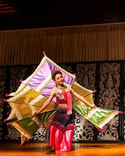 Young Thai woman with fan-like wings showing a traditional dance, Old Chiang Mai Cultural Center,