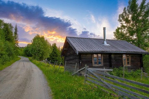 View of a roadside mountain hut at sunset, Gol, Halligdal, Buskerud, Norway