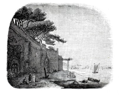 Illustration from 1849 shows the historic walls of the Topkapi Palace in Istanbul on the banks of