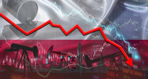 Fall oil price with Polish flag on economic chart. Petrol crisis with Poland flag on financial