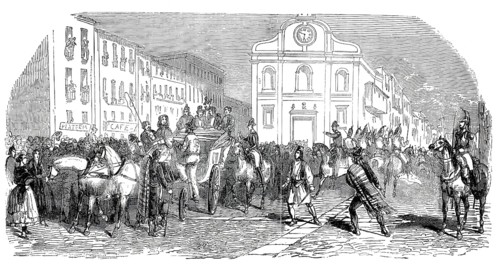 Illustration shows a demonstration or rally that reportedly took place in 1845 at the Puerta del