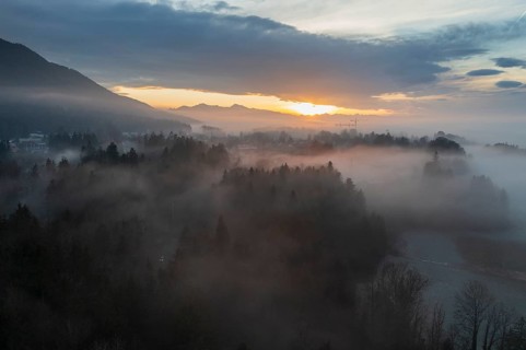 Sunset, with fog, Bad Heilbrunn, Upper Bavaria, Bavaria, Germany