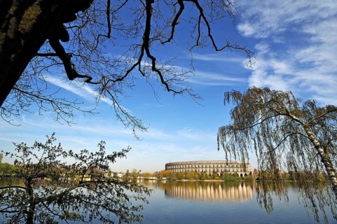 General view of the former incomplete Congress Hall of the NSDAP 1933-1945, in front the bun pond