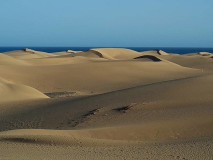 Gentle sand dunes stretch into the distance, surrounded by clear sky and sea, dunes of Maspalomas,