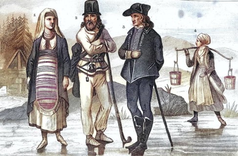 Traditional clothing styles and culture from the 19th century. Woman from Croatia (1), Farmer from