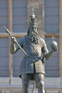 Monument to Charlemagne with orb, crown with cross and sceptre Holy Roman Empire, bronze sculpture,