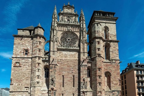 Rodez. The western facade of the Gothic Notre-Dame Cathedral. Aveyron department. Occitanie. France