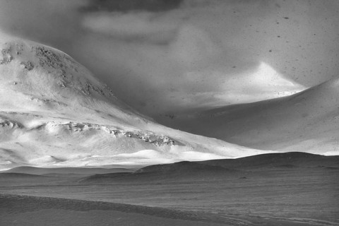 Winter landscape at Kungsleden during snowfall, Kebnekaisefjäll, Norrbotten, Lapland, Sweden, March