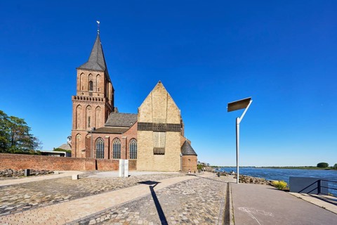 St. Martini church, Rhine river, church tower, parish church, waterfront, lantern, tree, blue sky,