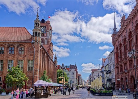 The medieval brick town hall on the Old Market Square, Rynek Staromiejski, in Torun. The historic