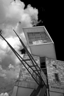 Modern entrance to the Reichsparteitagsgelände documentation center against cloudy sky, former