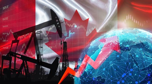 Global oil growth with Canadian flag. International oil exports with Canada flag on economic chart