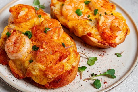 Sandwiches with shrimp and cheese, baked in the oven, with microgreens, breakfast, homemade, no