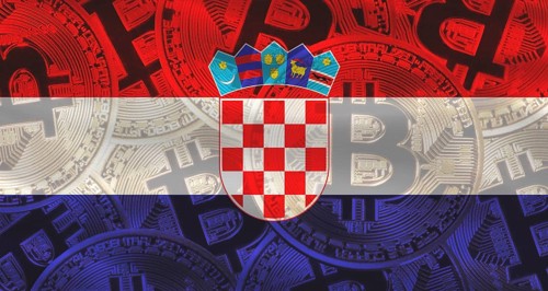 Croatian flag with Bitcoins in the background. Investors in cryptocurrency and Blockchain