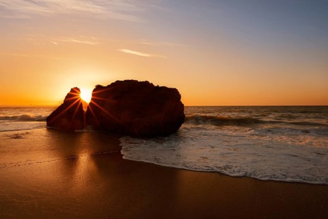 Rocks on the coast at sunrise, Praia Dona Ana, Lagos, Algarve, Portugal