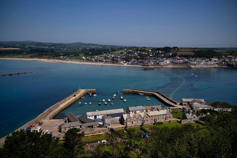 View of the harbour from St Michael's Mount, pier, flood, Marazion behind it, Cornwall, England,